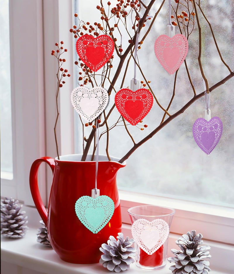 Moon Boat 650PCS Paper Heart Doilies for Crafts - Valentines Day Decorations Red/Pink Lavender/White/Mint Blue Lace Cutouts, Wedding Valentine's Party Decor Ornaments, 4" - Image 2